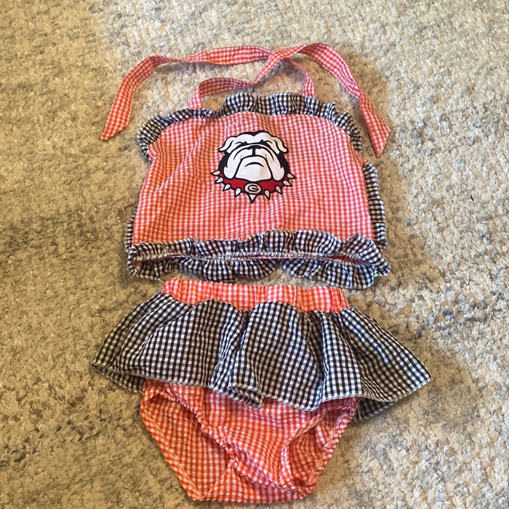 Girls Georgia Bulldogs gingham red black plaid ruffle swim suit bikini  10-12